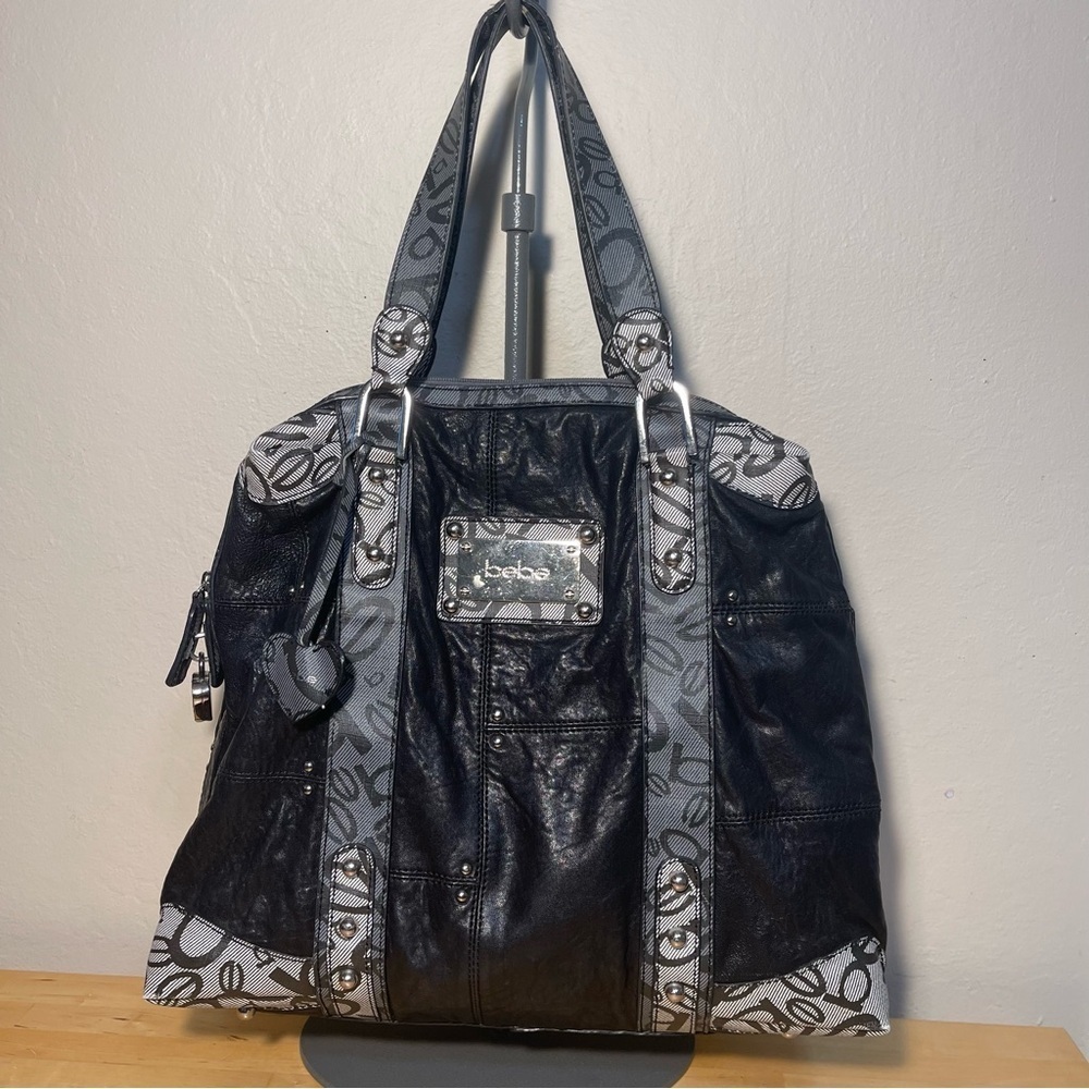 Vintage Bebe Black Leather Tote Bag Y2K Lock & Key Large Purse